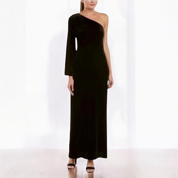 🌻NEW w.tag French Connection Black Velvet One Shoulder Maxi Dress Size 4 - Picture 2 of 13